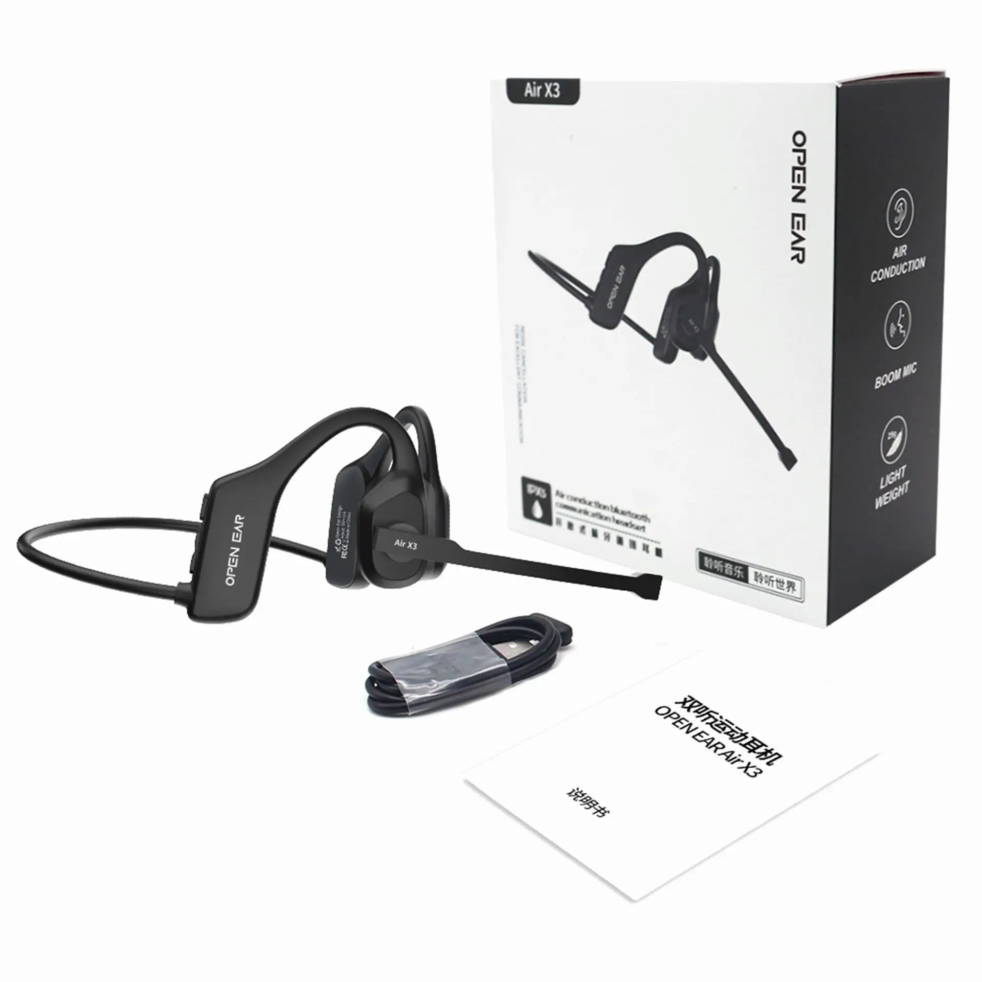 Open Ear Noise Cancelling Headset Wireless Bluetooth ENC Call Noise Elimination Computer Headphone Wireless with Boom Microphone
