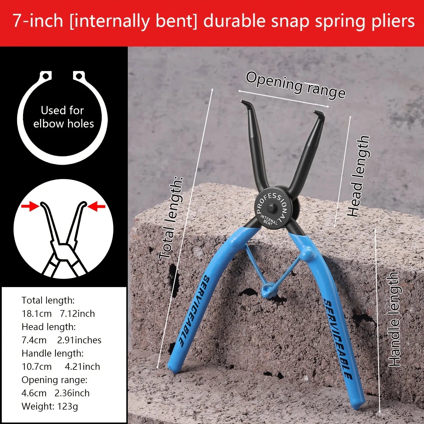 Snap Ring Pliers, 7-Inch Heavy Duty Internal/External Circlip Pliers with Straight & Bent Jaw Tips, Spring-Loaded