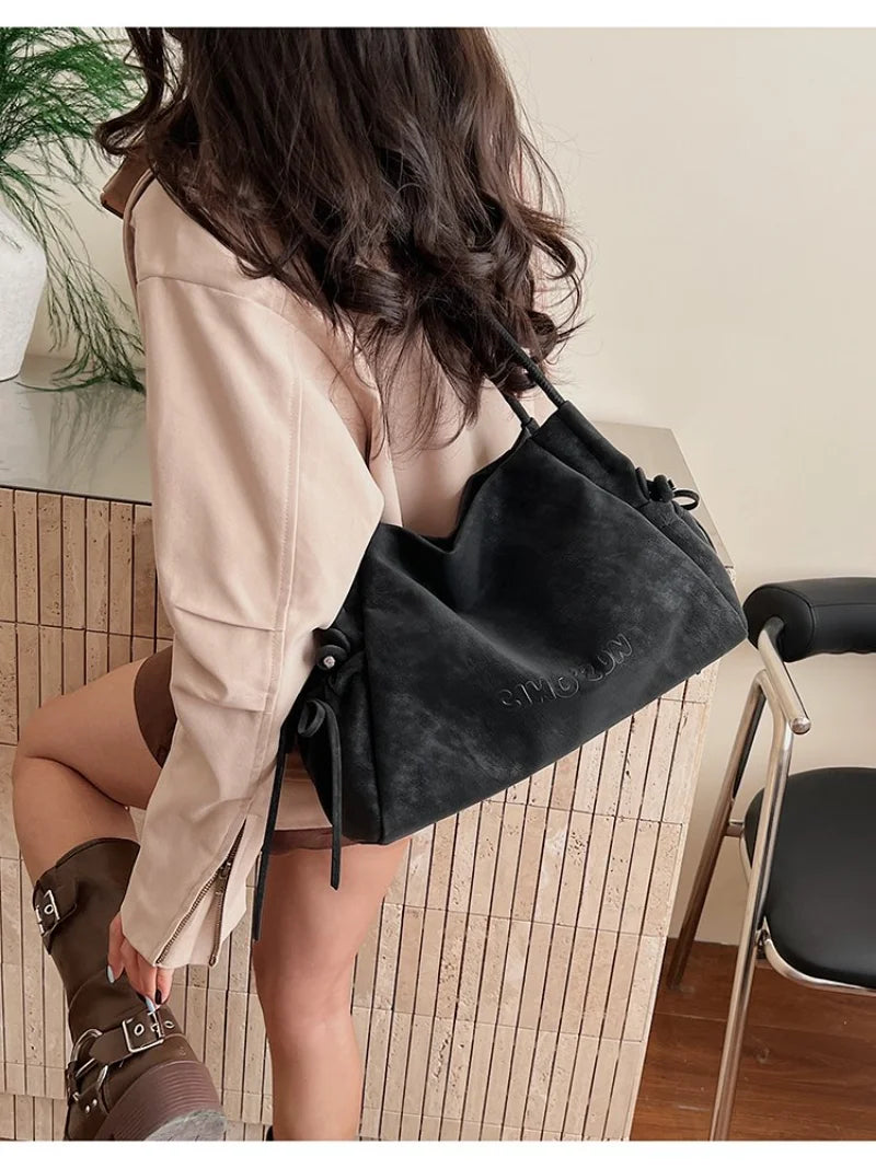 Soft Leather Drawstring Shoulder Bag, Minimalist Tote Purse with Embossed Lettering, Lightweight Daily Casual Use Clutch Bag