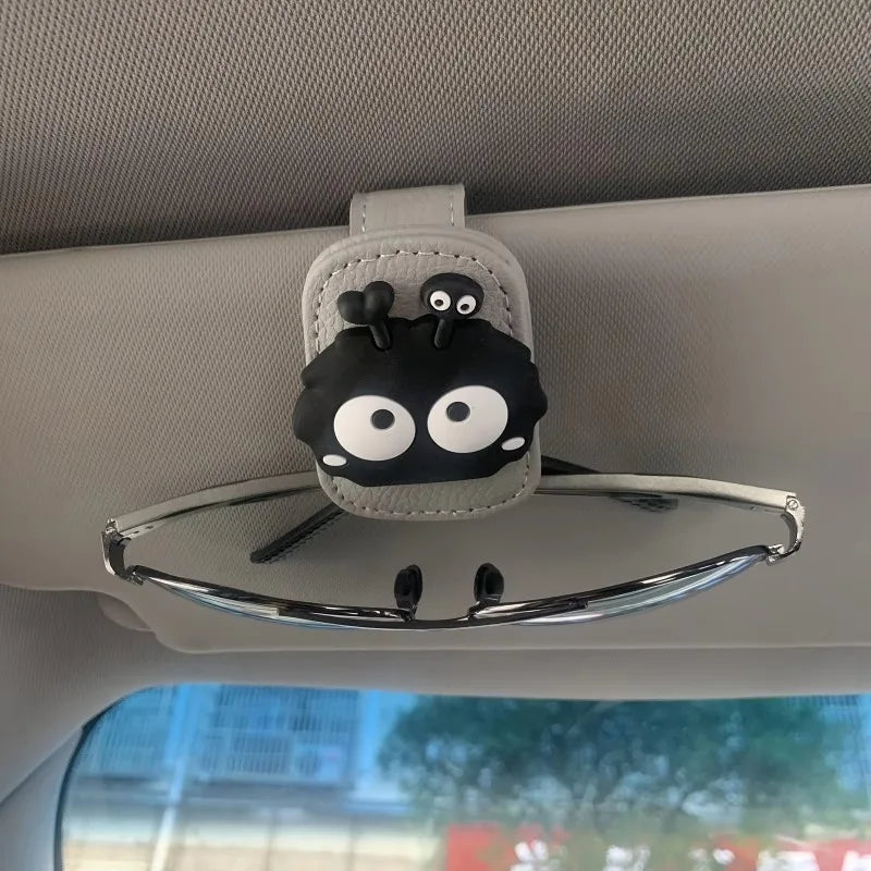 Cute Soot Sprite Car Sunglasses Clip Leather Visor Eyeglasses Holder Black Coal Ball Car Interior Accessory Ticket Storage Clip