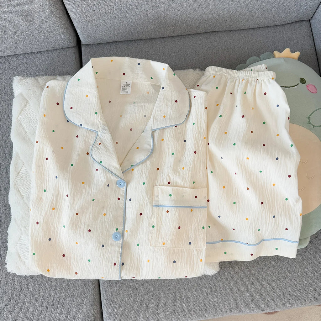 Women's Summer Pajamas, Thin Polka Dot Pattern Short-Sleeved Shorts, Sweet and Cute, Can Be Worn Outside in Summer, Two-Piece Home Wear Set