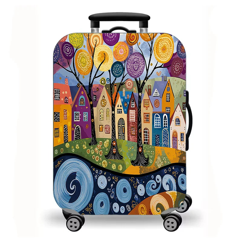 Luggage Cover, Colorful Fairy Tale Town Folk Art Print Stretch Suitcase Protector, Washable Anti-Scratch Travel Baggage Cover