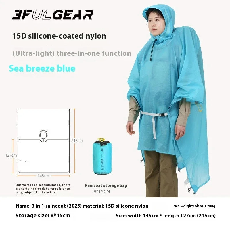 3F UL GEAR 3 In 1 Ultralight Hiking Raincoat Camping Poncho Tarp Outdoor Awning Travel Rain Coats 15D Silicone Rain Jacket Cover