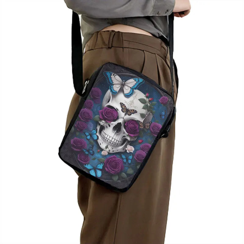 Skull Rose Butterfly Print Crossbody Bag Women Shoulder Bags for Travel Handbags Phone Holder Student Messenger Bags Gift