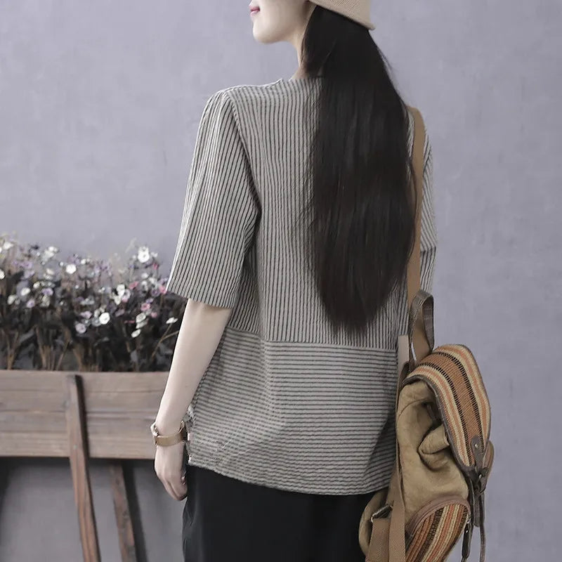Plus Size Women's Summer Retro T-Shirt Loose Striped Thin Office Lady Fashion New Arrival Trendy Comfortable