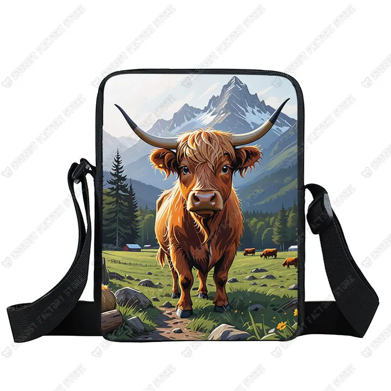 Scottish Highland Cows Print Crossbody Bag Highland Cow Sunflower Women Handbag Key Money Phone Holder Messager Shoulder Bag