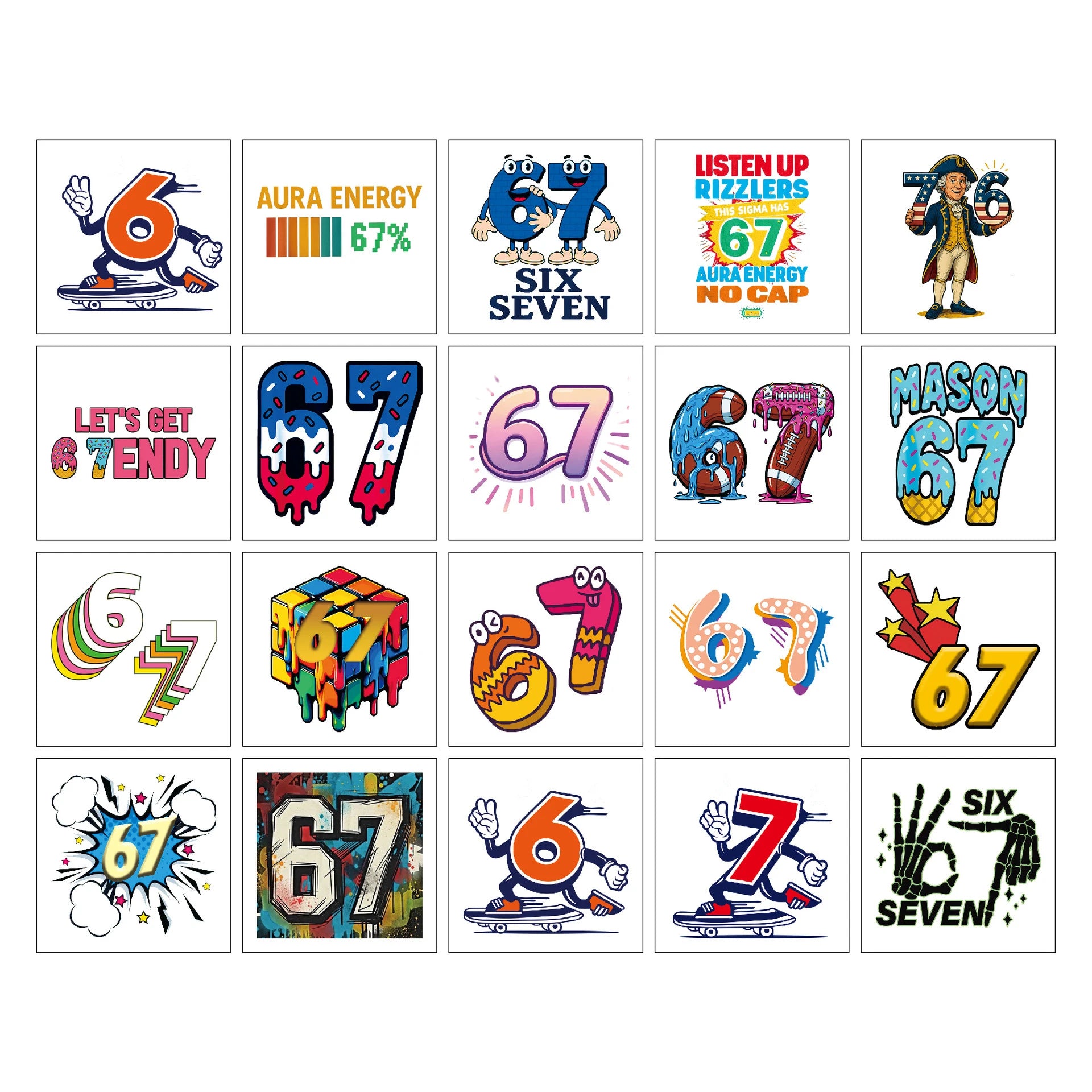 20pcs/set Funny Color 67 Six Seven Temporary Tattoo Stickers For Body Art Tattoo Party Gifts Stickers
