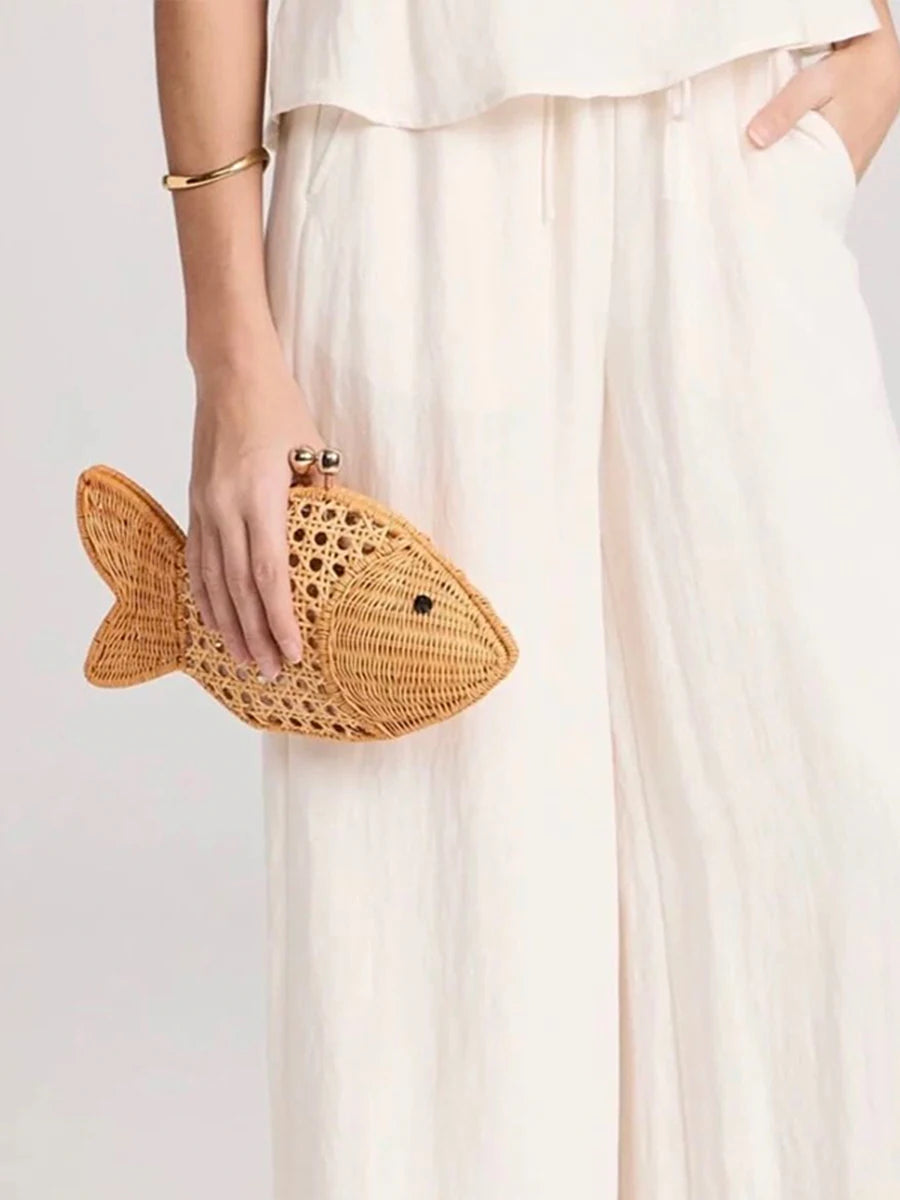 Fish Shaped Rattan Woven Handmade Clutch Purse,Women Fruit Vegetable Basket Evening Bag,Lightweight Boho Summer Beach Hand Bag