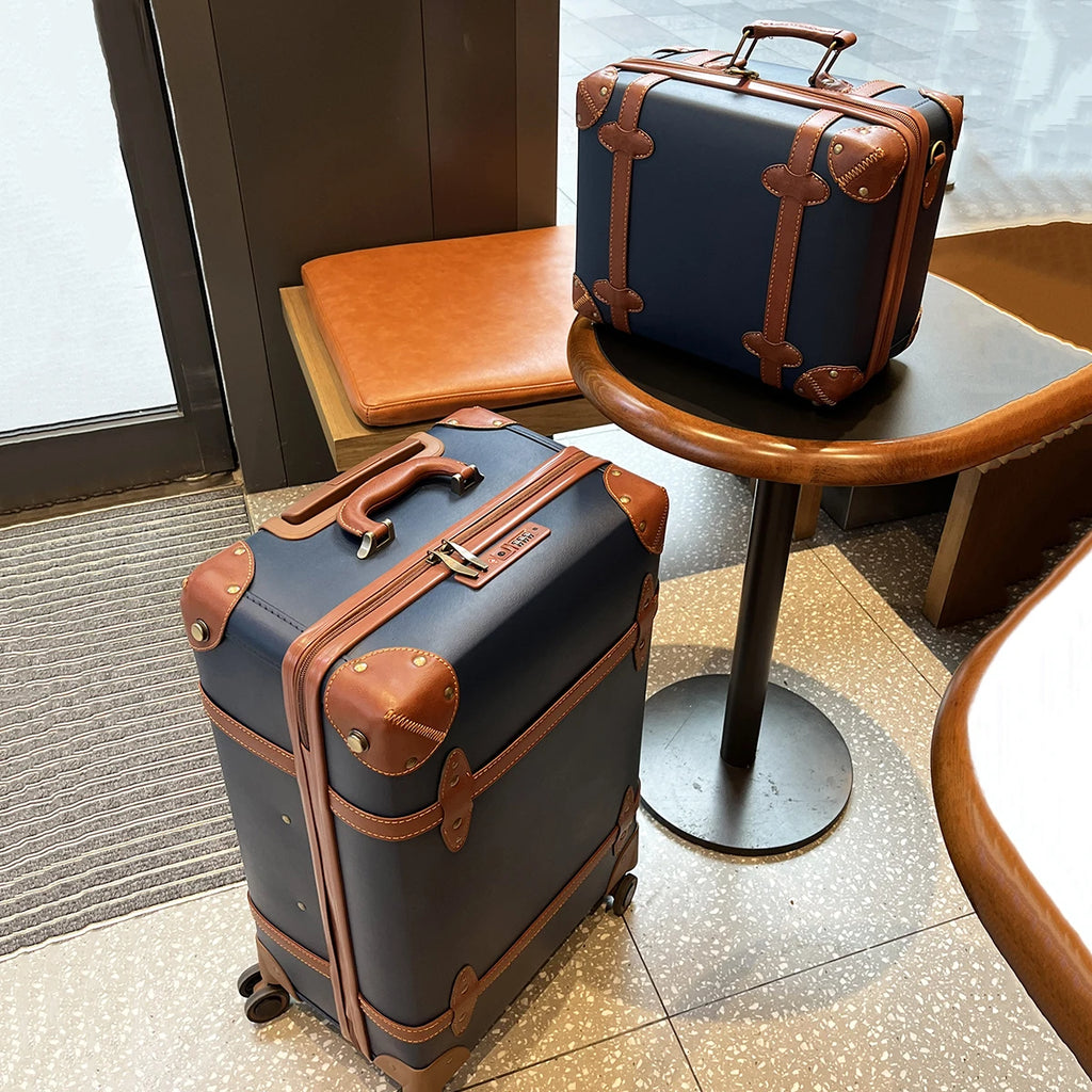 Vintage Blue Leather Business Luggage 20in Carry-On + 24in Checked Travel Suitcase Spinner Wheels TSA Lock College Style Unisex