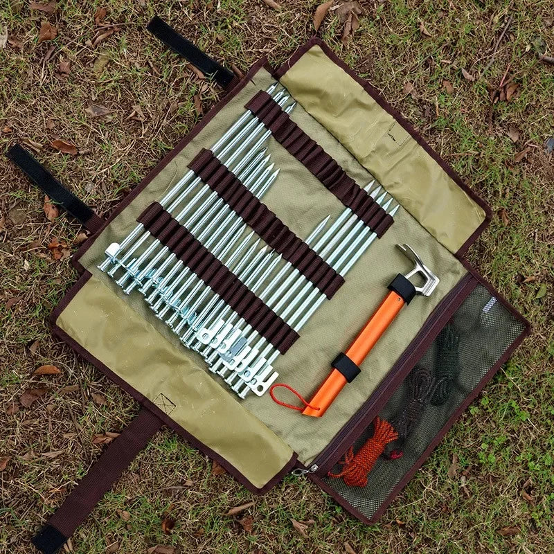 Outdoor Camping Forging Pack Bag Storage Pouch Aluminum Hammer Tarps Stake Tent Peg Tool Set Storage Canvas Bag Camp Gear Supply