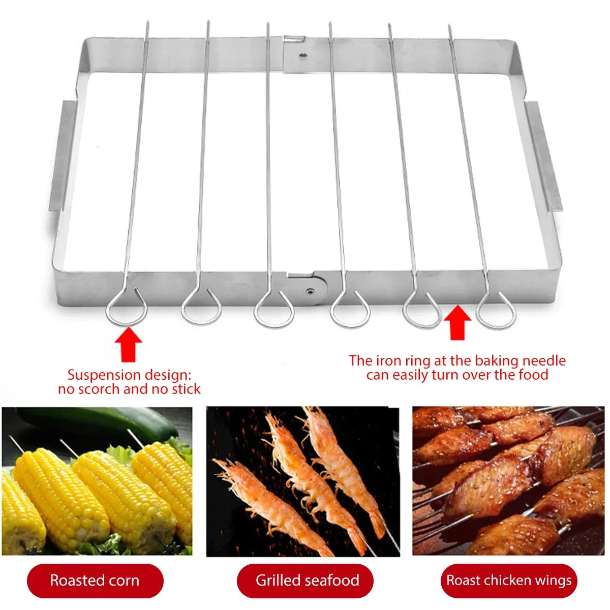 BBQ Skewer Rack Stainless Steel BBQ Metal Skewers Foldable Rotating Rotisserie Grill Rack with 6 Skewers for Outdoor Grills Tool