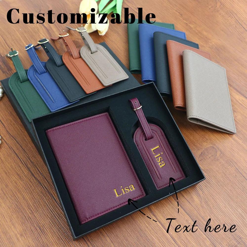 Customized name set, unisex Safiano PU leather passport holder and luggage tag gift box