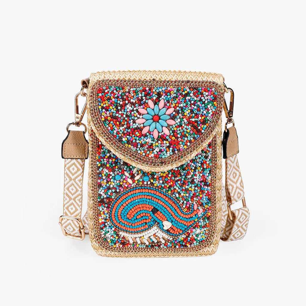 Advanced straw woven crossbody bag, new fashionable rice bead bag, European and American woven women's shoulder phone bag