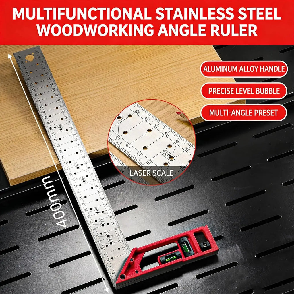 Professional Measuring Instrument with Dual Axis Level Bubble and Multiple Angled Hole Designs for Carpentry Projects