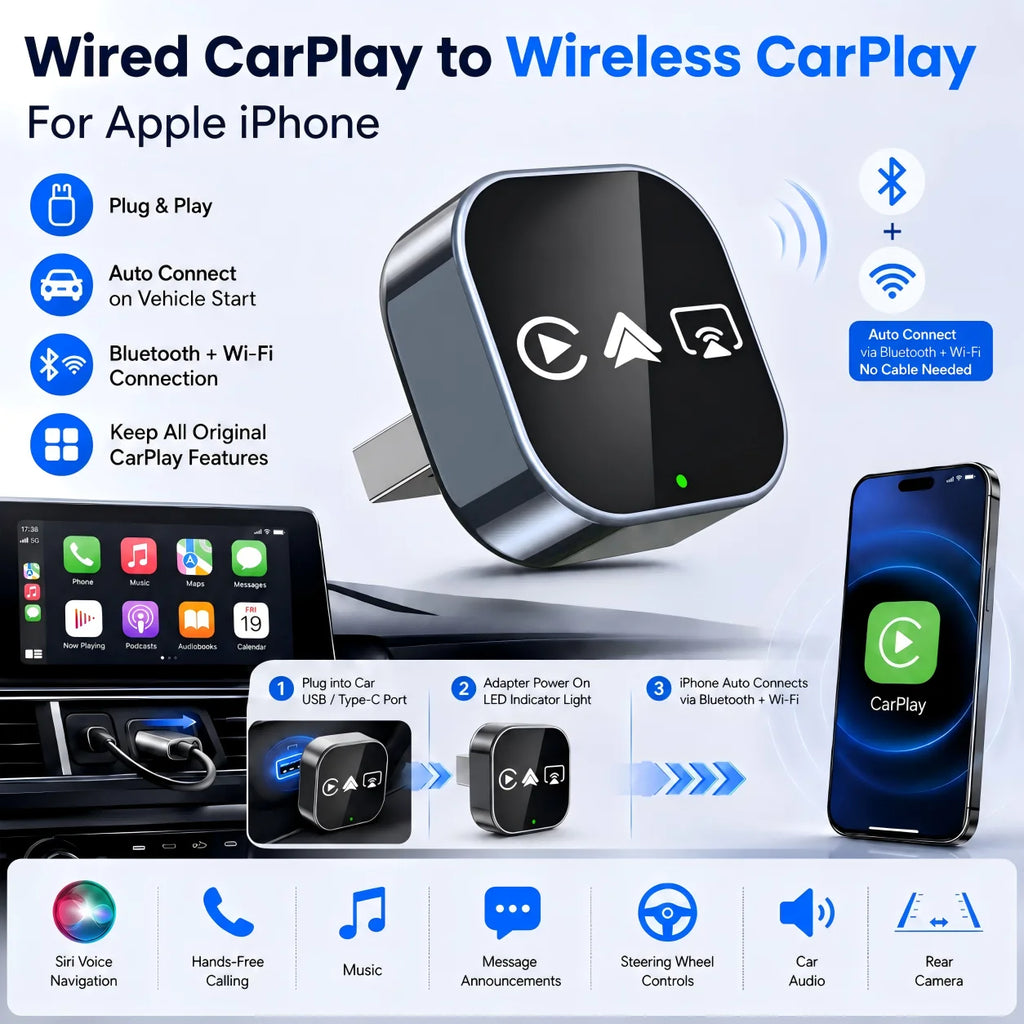 4 in 1 Wireless CarPlay Android Auto Adapter Wired To Wireless Converter AirPlay Miracast Mirror Link USB Plug & Play Mini Size
