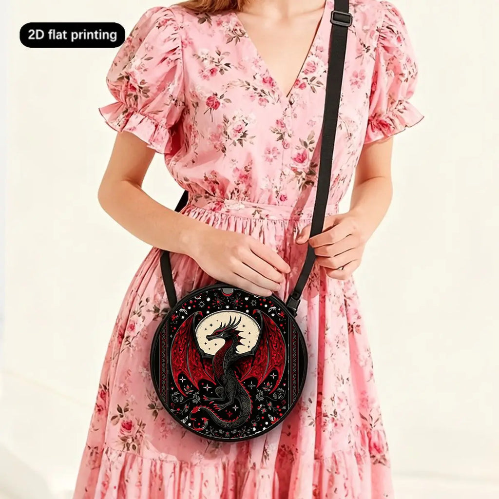 Dinosaur Print Round Shoulder Bag Casual Messenger Bag for Woman Best Gifts 2D Flat Casual Daily Crossbody Bag