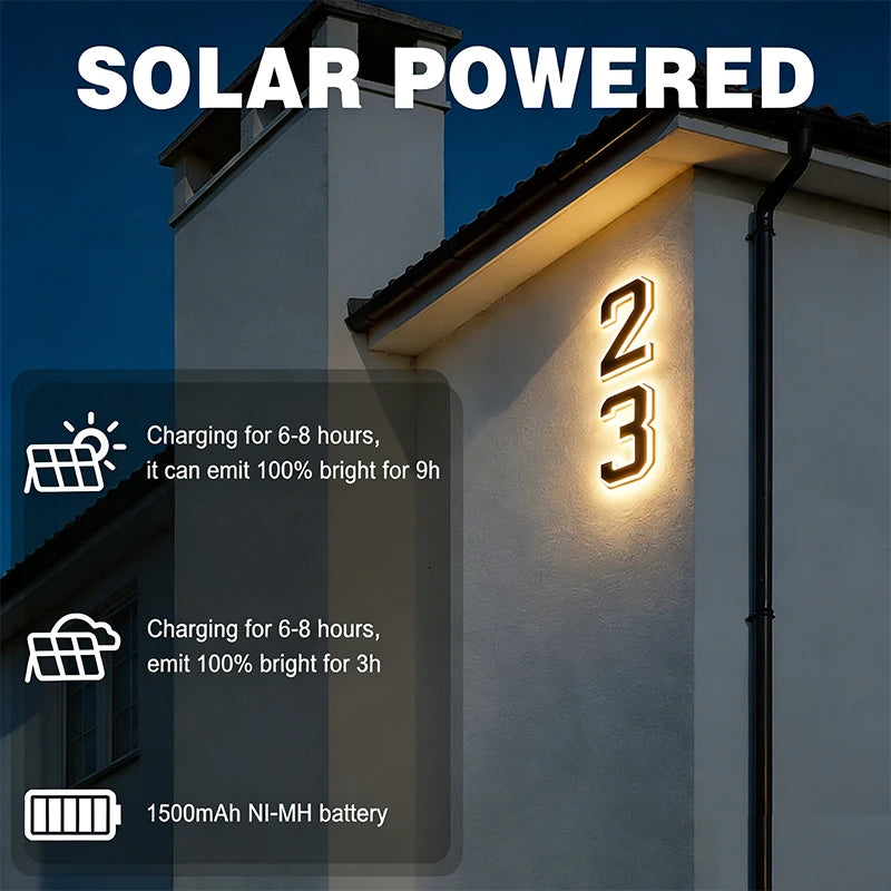 12CM Solar LED House Number Sign Auto Light Sensor Waterproof Outdoor Address Number Plate Lamp for Villa Yard Garden Home