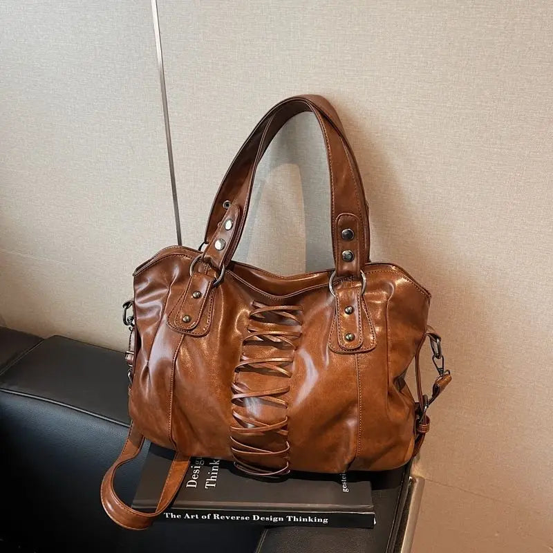 Vintage American Y2k PU Leather Crisscross Straps Large-capacity Handbag Crossbody Bag Tote Bags Storage Bag Woman Bags