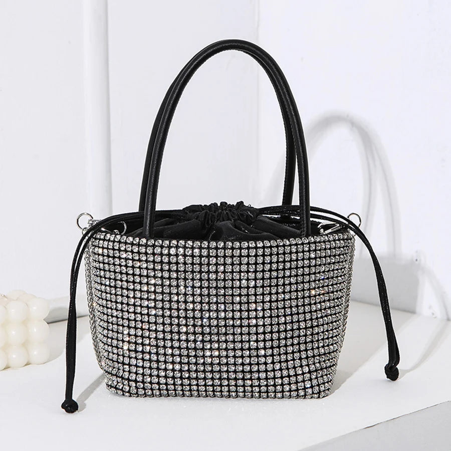 Luxury party dinner bag, drawstring diamond handbag, large capacity bucket bag, banquet chains shoulder crossbody women's bag