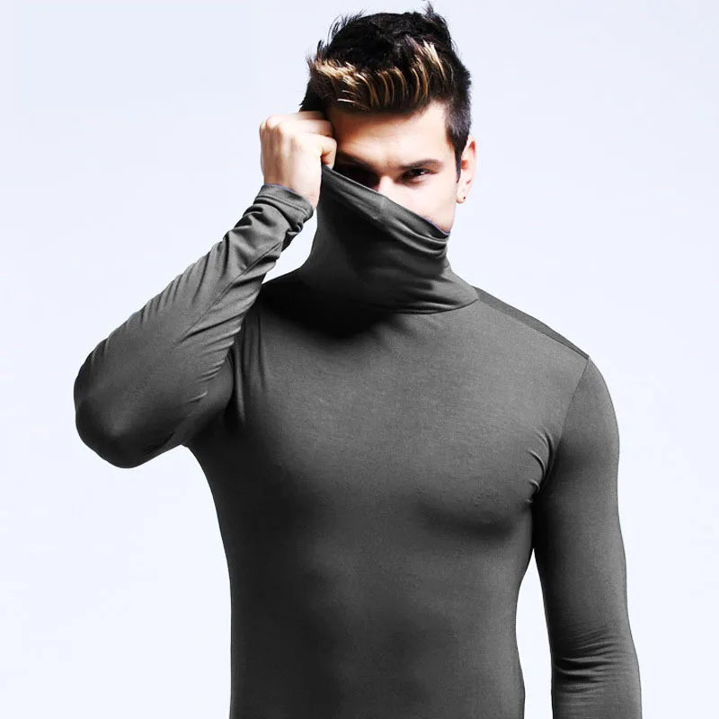 2026 Autumn Winter Men's High Neck T-shirt Slim Fit Fashion High Elastic Long Sleeve Cotton Casual Breathable Apparel Pullover