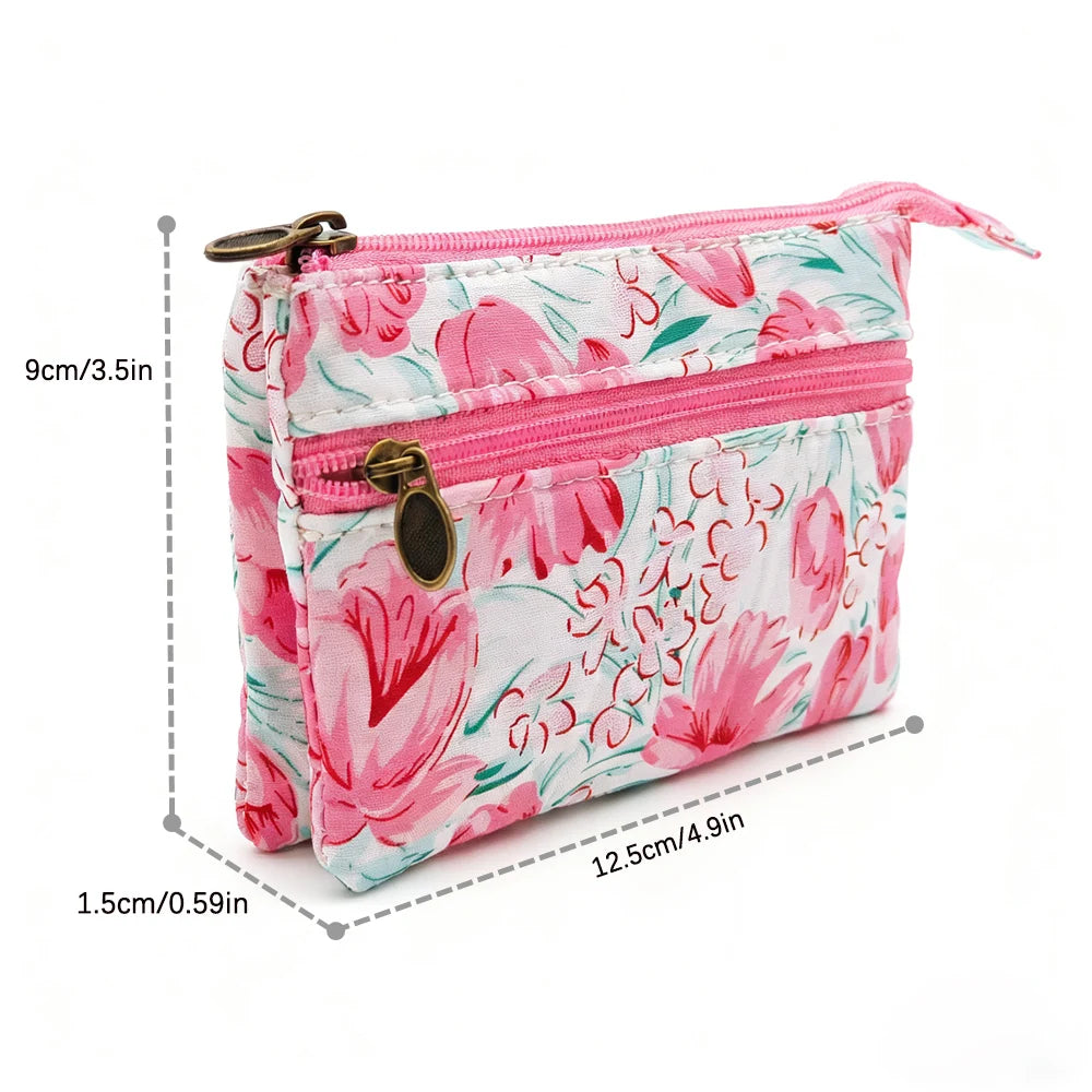 Fresh country-style floral double-printed 4-layer cotton fabric zero wallet for girls - coin bag, keys, ID card bag, card holder