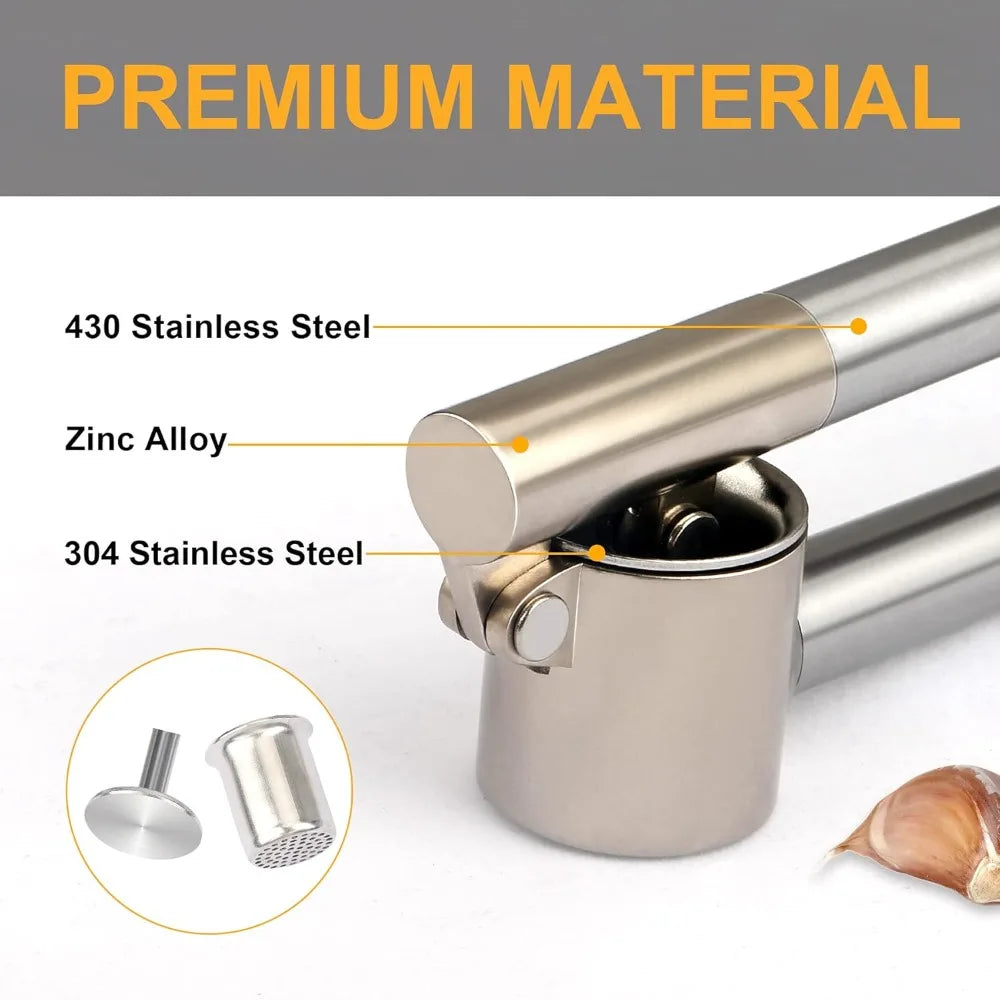 Stainless Steel Garlic Press Set - Manual Ginger Garlic Mincer Crusher Chopper  Heavy Duty Easy Squeeze, Rust Proof Easy Clean