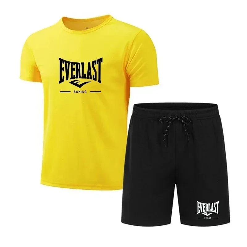 Moisture wicking men 2-piece outfit, stretch fabric allows free movement for fitness training, running and outdoor activities