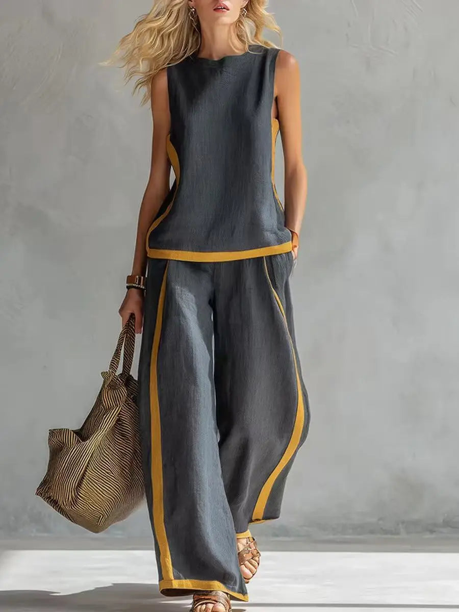Simple Stripe Print Women's Suits Summer Fashion Sleeveless Loose Blouse Wide Leg Pants Two Piece Set For Women Casual Outfits