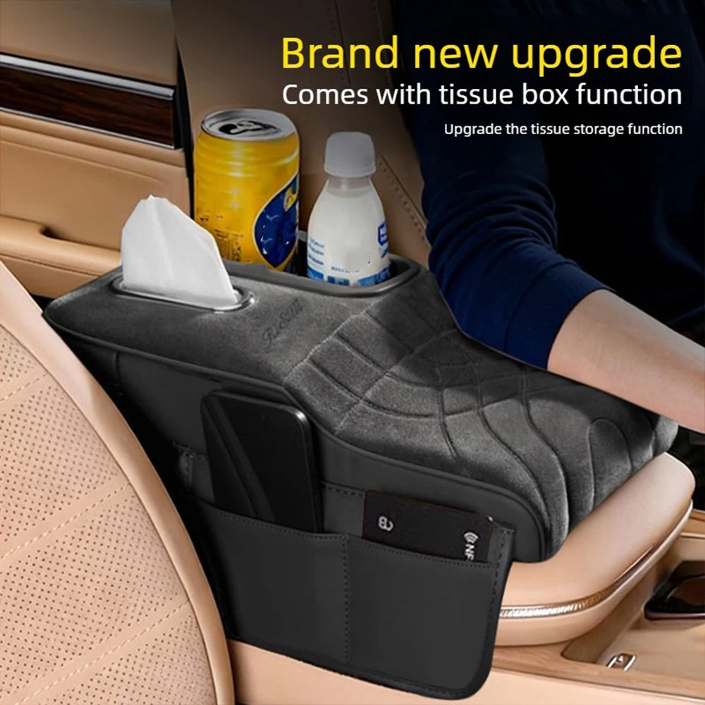 High-Low Style Suede fabric Car Armrest Box Cushion - an Armrest Cover with 2 Side Pockets, 2 Cup Holder,and 1 Tissue Box.