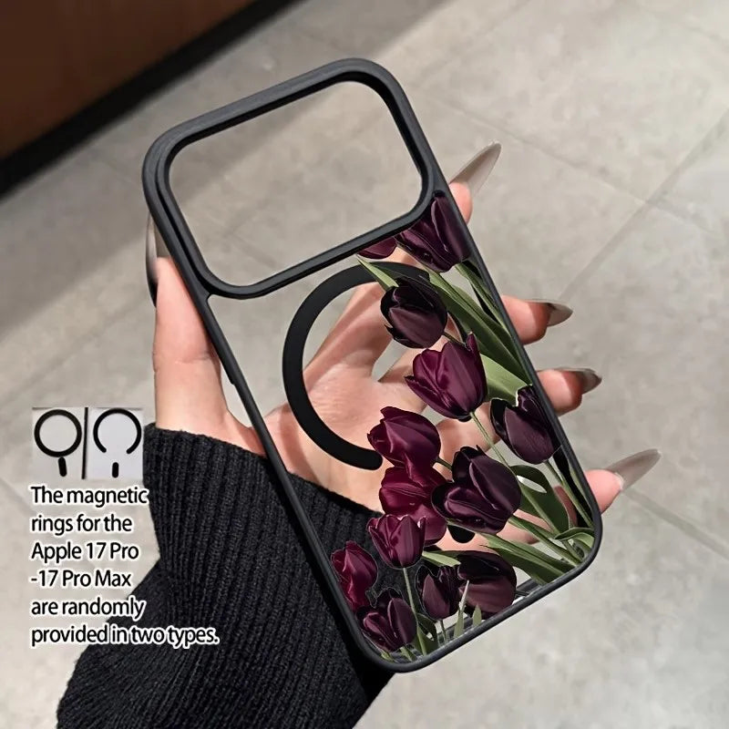 Dark Purple Tulip Magnetic Phone Case For iPhone 18 17 16 15 14 12 11 Pro XS Max XR Air X 16e 17e Clear Magsafe Cover