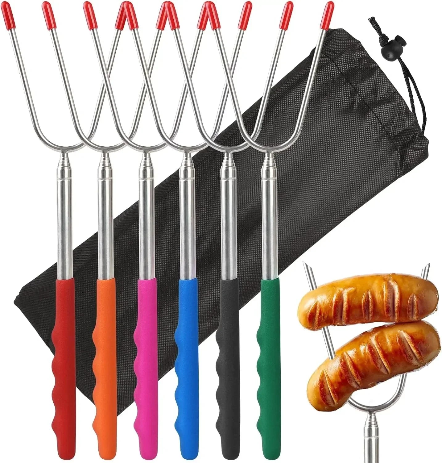New 6pcs Stainless Steel Extendable Hot Dog Sausages Skewers Barbecue Tools Telescopic BBQ Forks Marshmallows Roasting Sticks