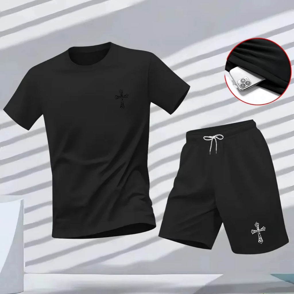 New high-quality men's summer T-shirt, Harajuku summer hip-hop men's fitness and sports round-neck top and shorts set, fashionab
