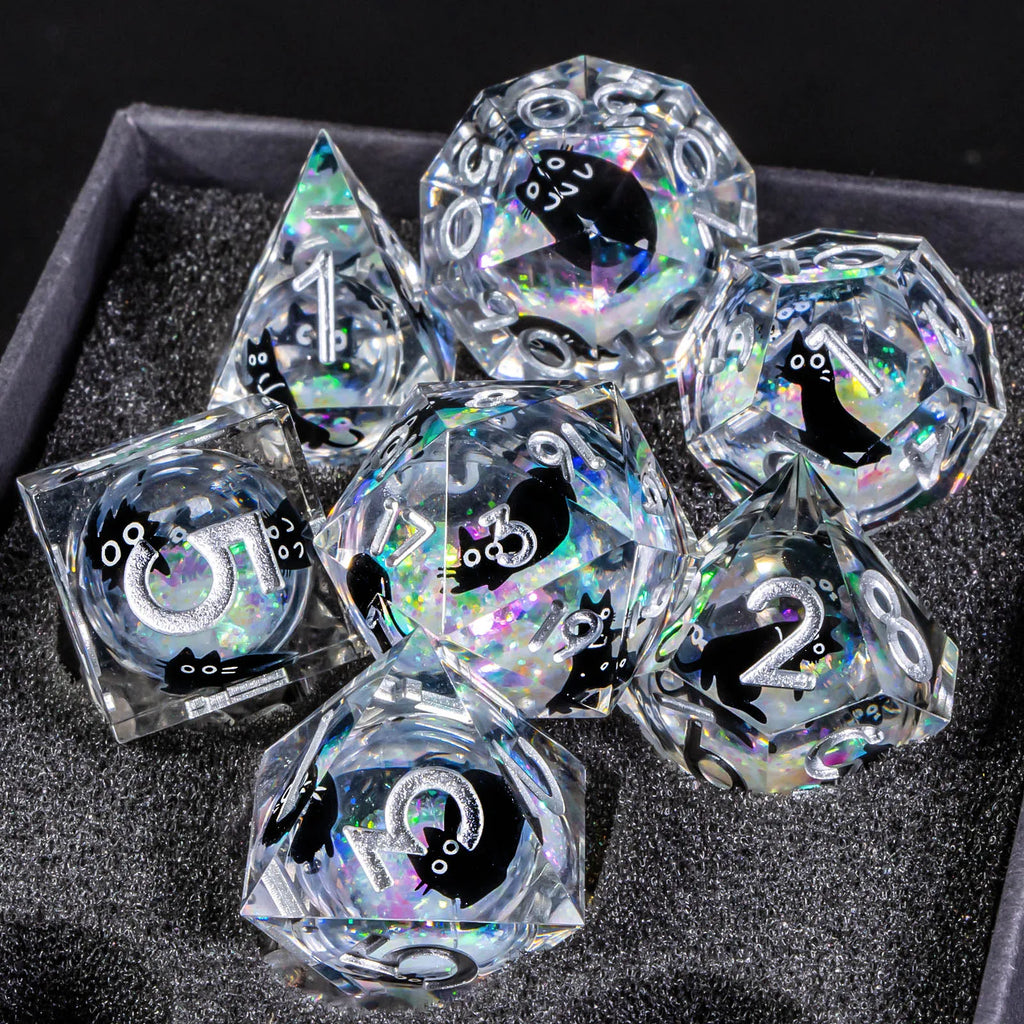 Cat Resin Dice Set DND, Liquid Core D&D Dice, Cute Dungeon and Dragon Dice, Sharp Edge Role Playing Dice D20 D12 D10 D8 D6 D4