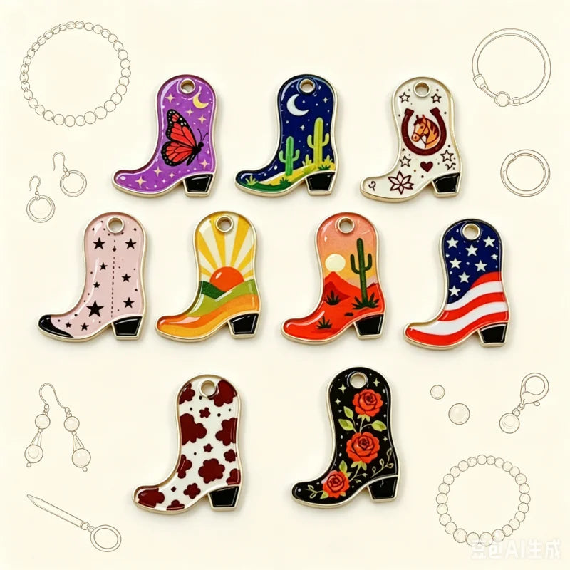 10 pcs Color Printed Cowboy Boots Alloy Pendant European and American DIY Jewelry Accessories Spot Wholesale