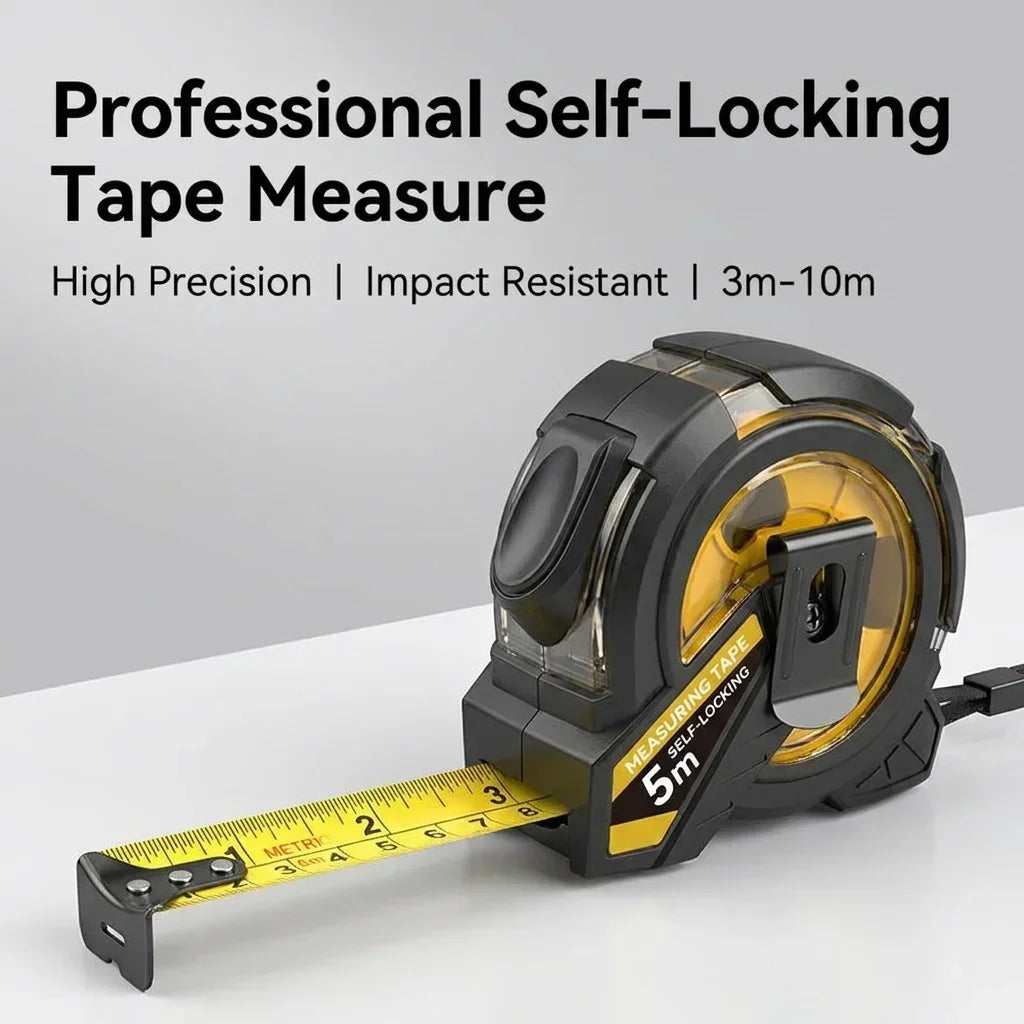 Professional Self-Locking Tape Measure  5m / 10m, High Precision Measuring Tape Black Gold Blade Shockproof ABS Case