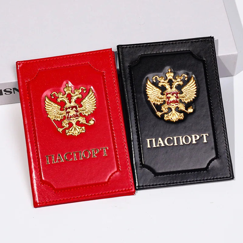 Unisex Russia Passport Holder Travel Organizer PU Leather Ticket Card Case Protective Cover with Gold Russian Badge Embossing