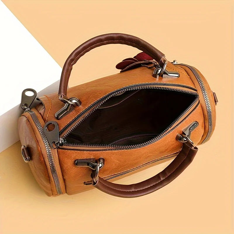 Large Vintage Boston Handbag - Solid Color PU Satchel with Zipper Closure, and Flower Pendant - Perfect for Occasional Use