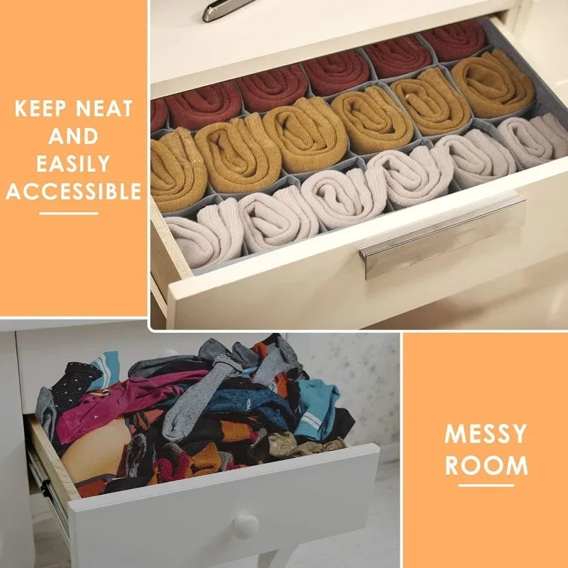 1/2/3 Pack Gray Sock Underwear Organizer Dividers 16/24/64 Cell Fabric Foldable Closet Organizers Storage Boxes for Storing Sock
