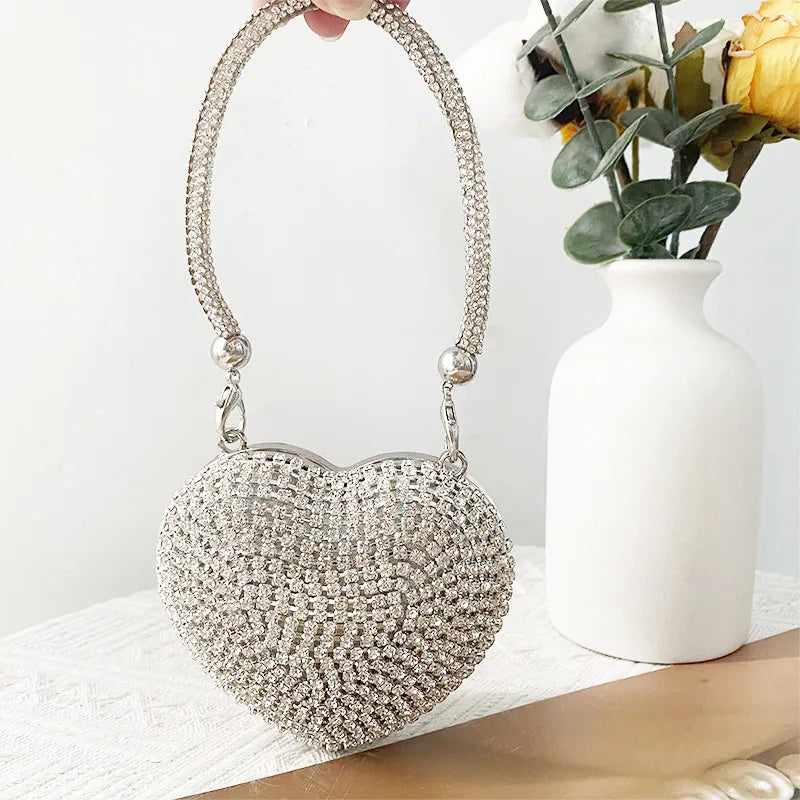 Heart Shaped Diamond Encrusted Glass Stone Evening Bag Women's Chain Handbag Stylish Crossbody Bag Elegant  Shape