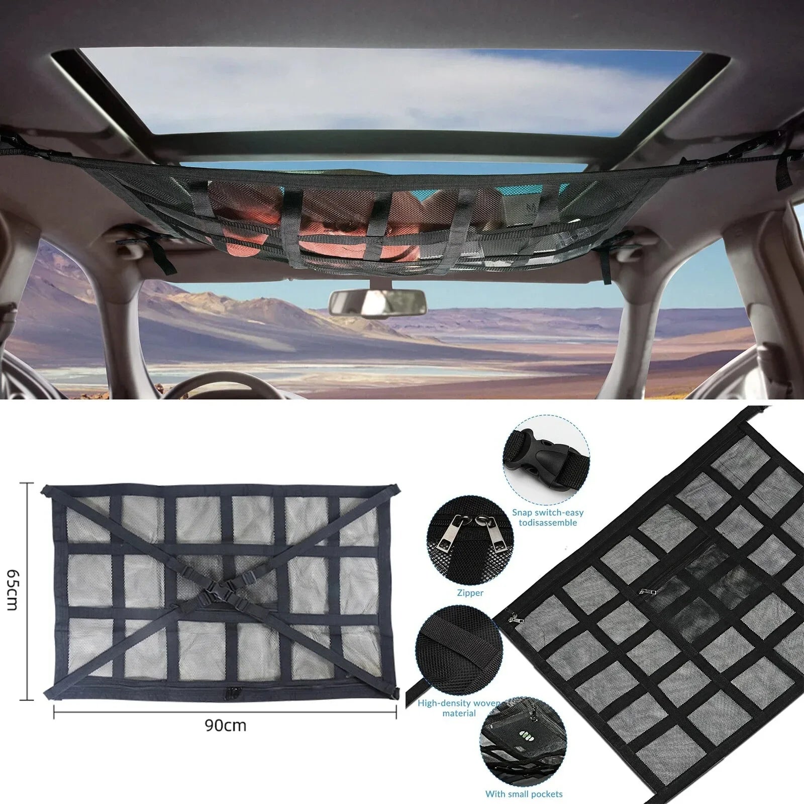 Car Ceiling Storage Net Interior Cargo Net Universal Trunk Pocket Storage Adjustable Car Bag Sundries Organizer Pouc