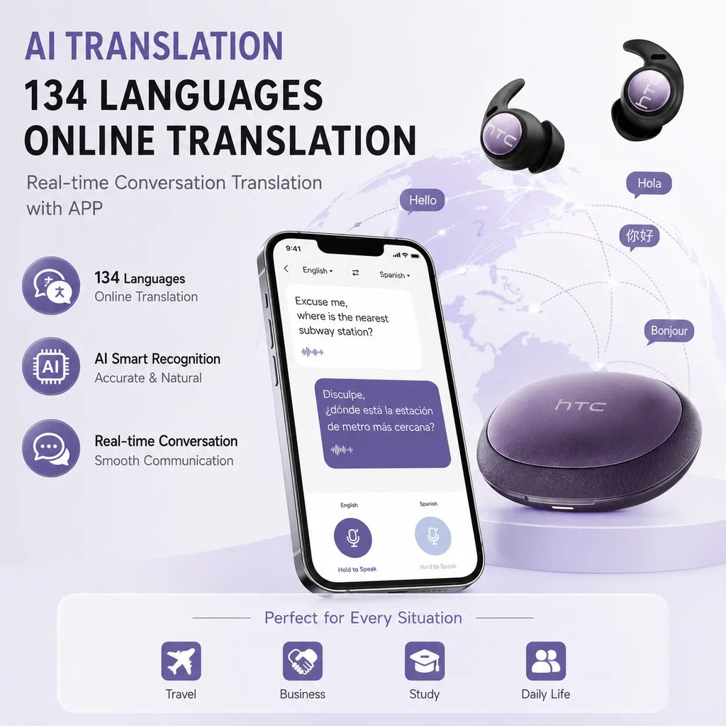 HTC NE76 Bluetooth Earbuds Mini Sleeping Earbuds for Wireless Earphones AI Translator, Noise Reduction Long Battery Headphones