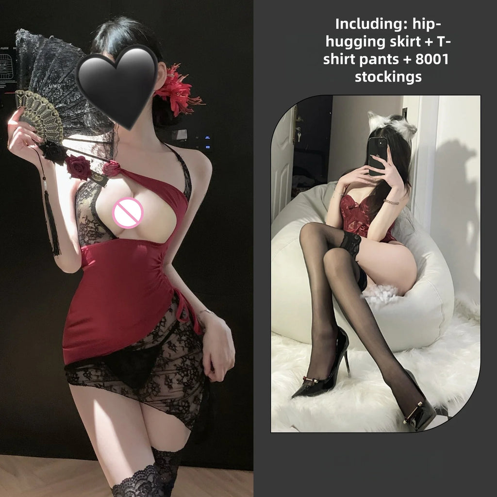 Sexy ultra-thin see-through rose lace panel waist-hugging hip-hugging skirt sexy lingerie passionate battle dress for women