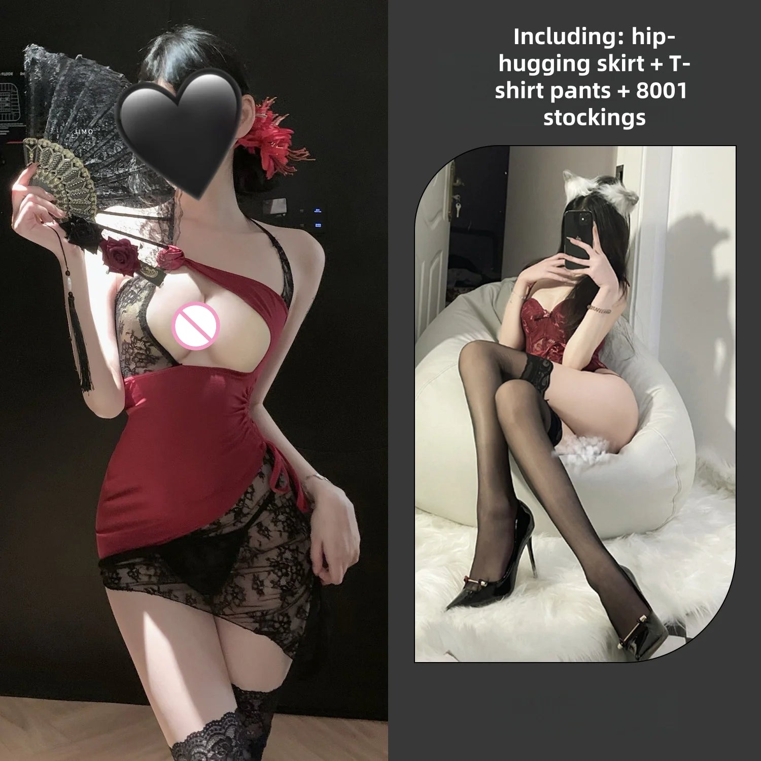 Sexy ultra-thin see-through rose lace panel waist-hugging hip-hugging skirt sexy lingerie passionate battle dress for women