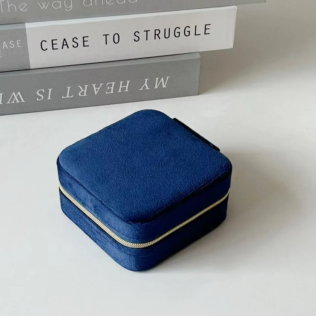 Portable Mini Velvet Travel Jewelry Box,Compact Zippered Organizer with Mirror for Rings Earrings On-the-go,Velvet Jewelry Case