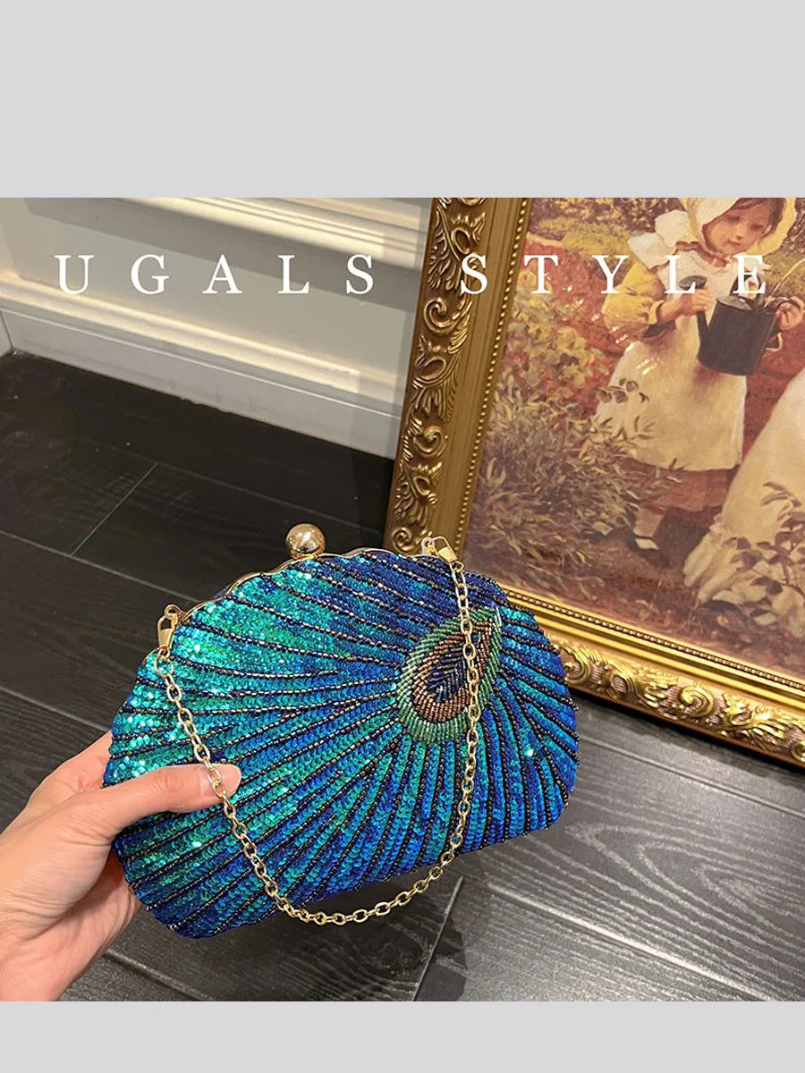 UGALS Chinese Style Bead Embroidery Peacock Shiny Diamond  Handbag Clutch Party Clip-On Shoulder Crossbody Bag