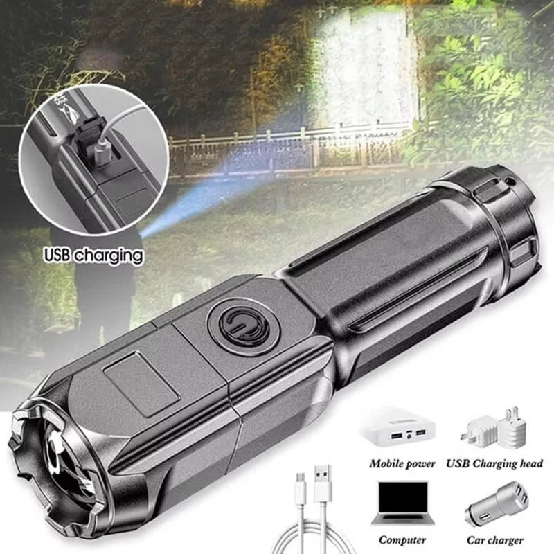 Multi Functional LED Flashlight USB Rechargeable Torch Portable Zoomable Camping Light 3 Lighting Modes Outdoor Light Flashlight