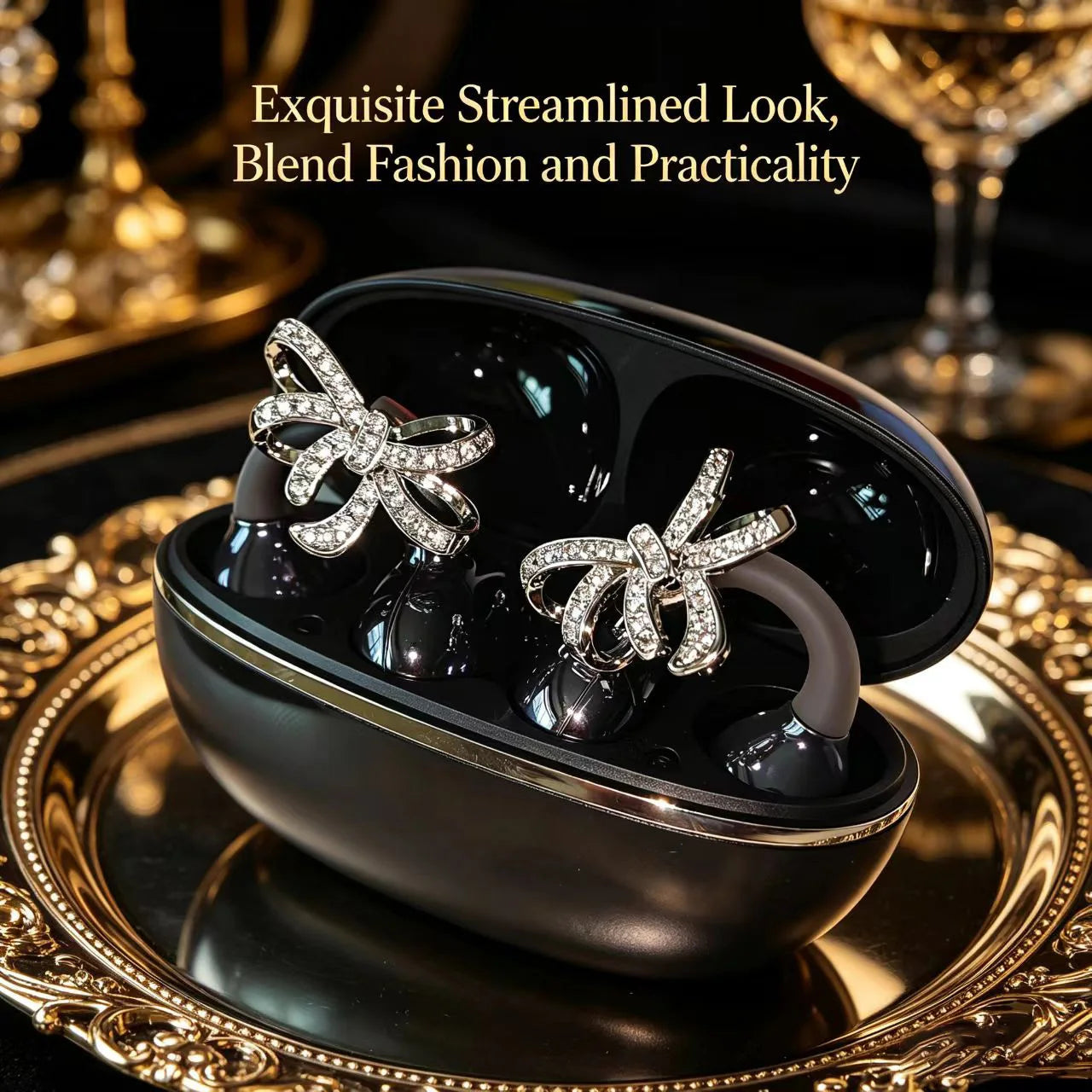 Shiny Crystal Bowknot OWS Clip Earbuds TWS Wireless Bluetooth 5.4 Low Latency Sport Headphones with Charging Case