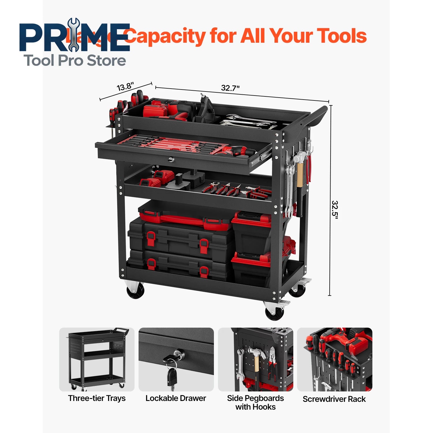 VEVOR 4-Tier Rolling Tool Cart on Wheels Mechanic Cart with Drawer & Pegboard Tool Storage Organizerfor Garage Repair Shop