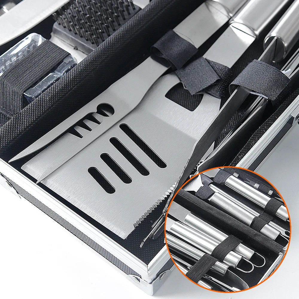 Stainless Steel Grillware Aluminium Case Set Grill Knife Fork Spatula Brush Outdoor BBQ Tools Combination Set