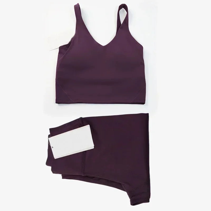 Classic women's 2-piece yoga outfit: U-shaped camisole top & high-waisted nude-feel leggings, suitable for fitness and workout.